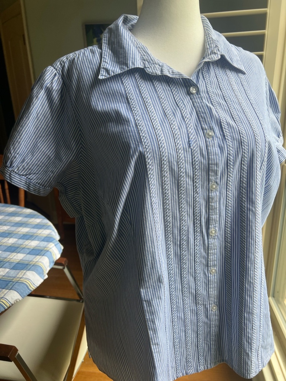 St John’s Bay Blue White Stripe Button Front Blouse 3X Cotton Stretch Preppy